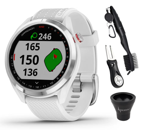 Garmin Approach S42 Premium GPS Golf Watch, Polished Silver Ceramic Bezel with White Silicone Band and Wearable4U All-In-One Golf Tools Bundle