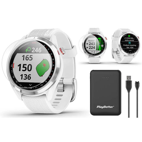 Garmin Approach S42 (White) Golf GPS Watch Power Bundle | 2021 Model | with PlayBetter Portable Charger &amp;amp; HD Screen Protectors