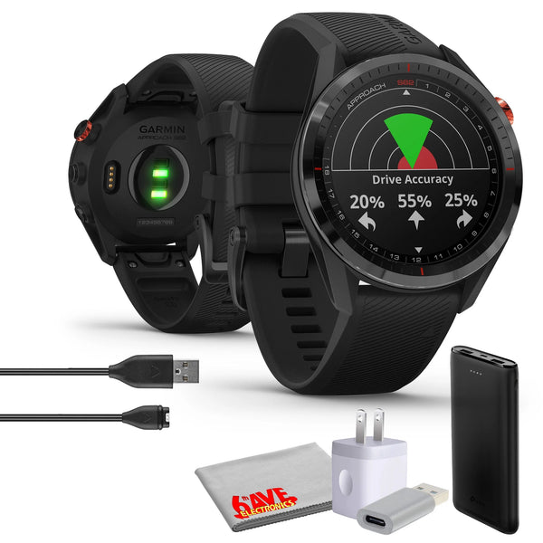 Garmin Approach S62, Premium GPS Golf Watch - Black, Built-in Virtual Caddie, 1.3&amp;quot; Touchscreen Large Display and 41000 Preloaded Courses, Smartwatch Bundle With 6Ave Microfiber Cleaning Cloth and More